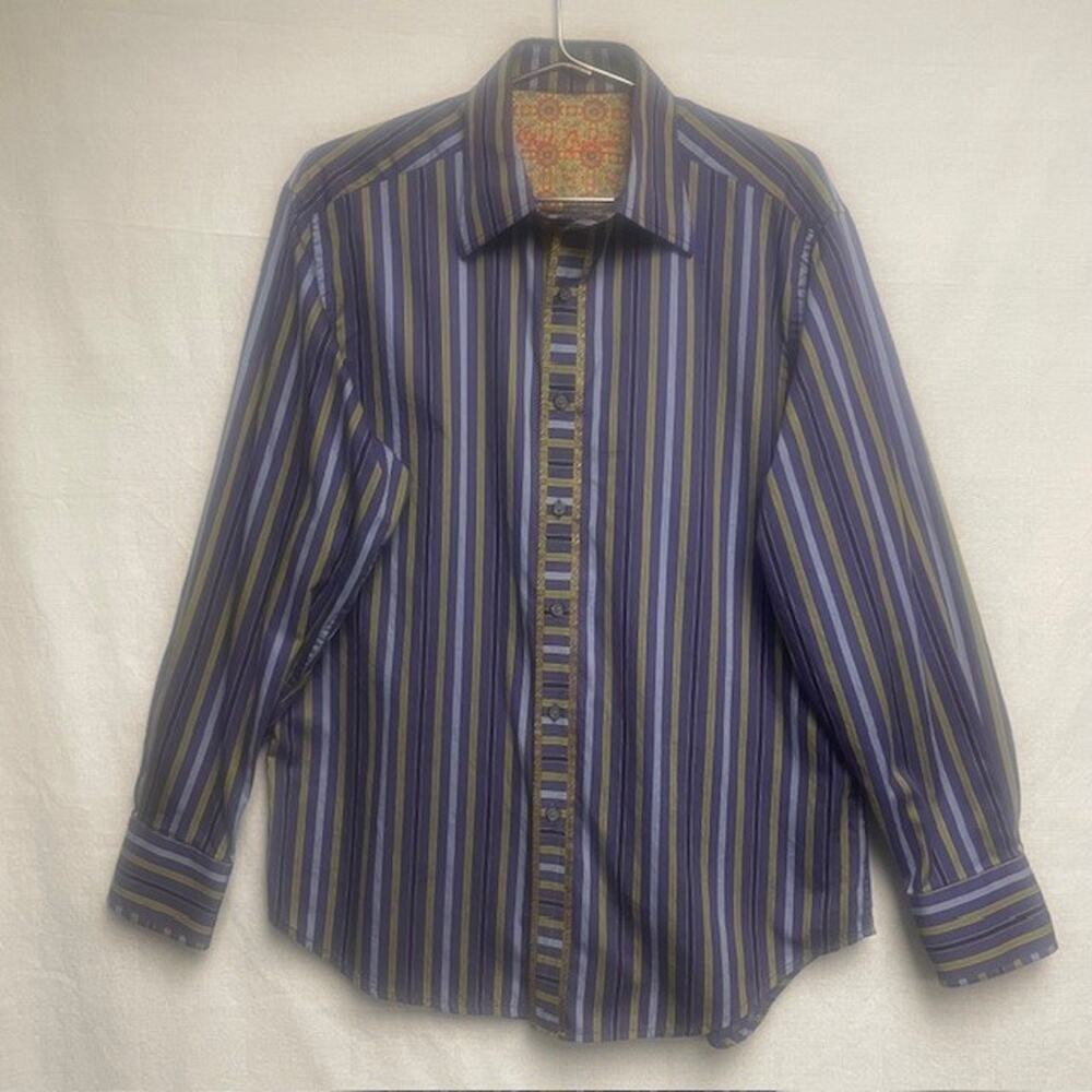Robert Graham Men's Front Button Purple Striped Long Sleeve  Shirt Size L